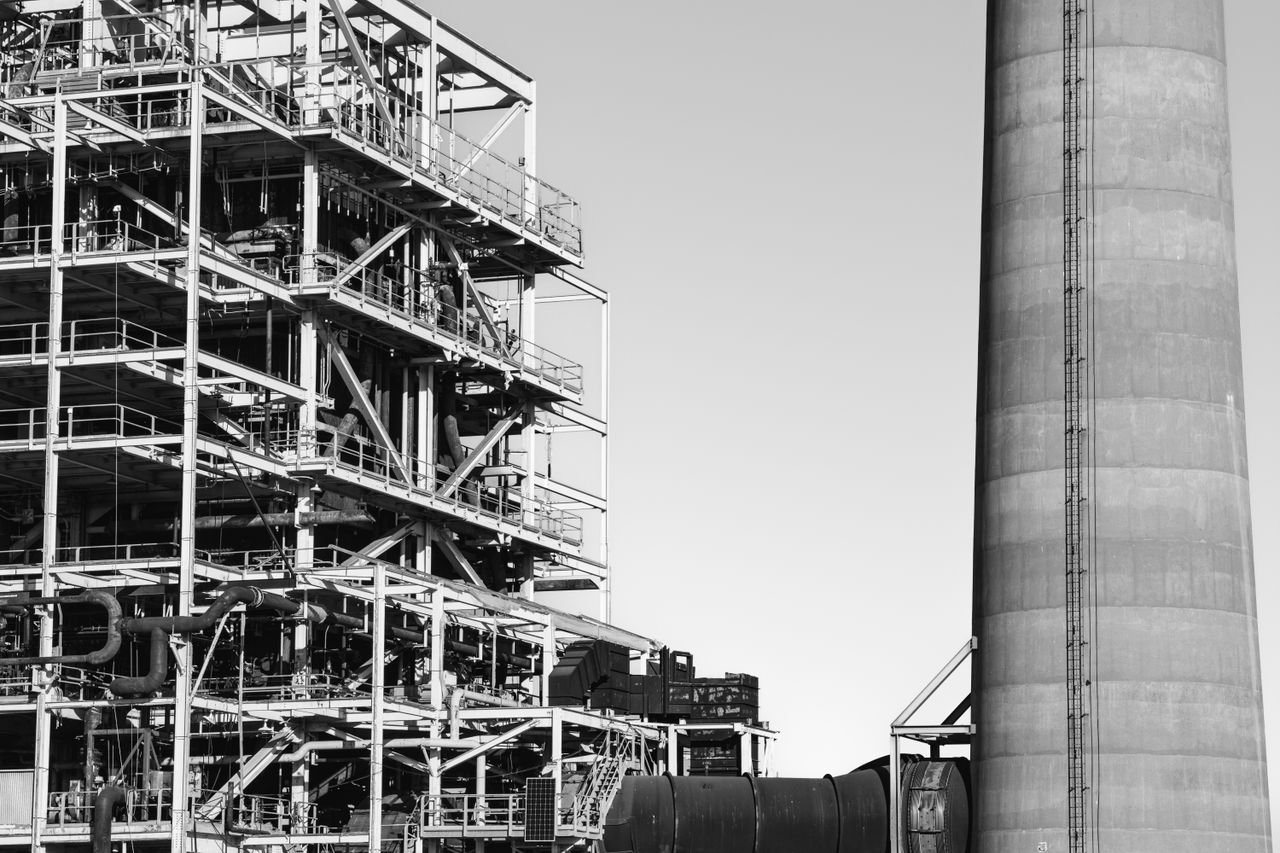 Black and white image of a factory structure in San Francisco, showcasing industrial design.